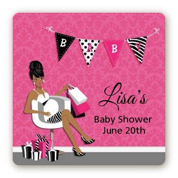  Posh Mom To Be - Square Personalized Baby Shower Sticker Labels Black Hair