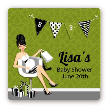  Posh Mom To Be Neutral - Square Personalized Baby Shower Sticker Labels Black Hair A