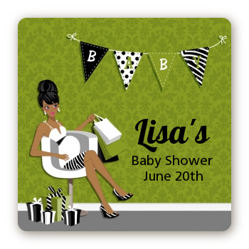  Posh Mom To Be Neutral - Square Personalized Baby Shower Sticker Labels Black Hair A