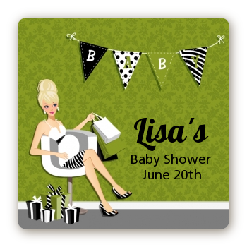  Posh Mom To Be Neutral - Square Personalized Baby Shower Sticker Labels Black Hair A