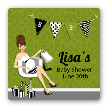  Posh Mom To Be Neutral - Square Personalized Baby Shower Sticker Labels Black Hair A