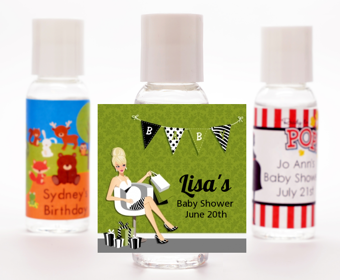  Posh Mom To Be Neutral - Personalized Baby Shower Hand Sanitizers Favors Black Hair A