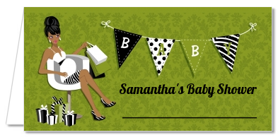  Posh Mom To Be Neutral - Personalized Baby Shower Place Cards Black Hair A