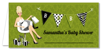  Posh Mom To Be Neutral - Personalized Baby Shower Place Cards Black Hair A