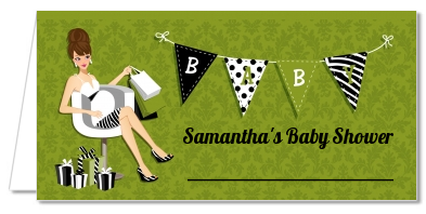  Posh Mom To Be Neutral - Personalized Baby Shower Place Cards Black Hair A