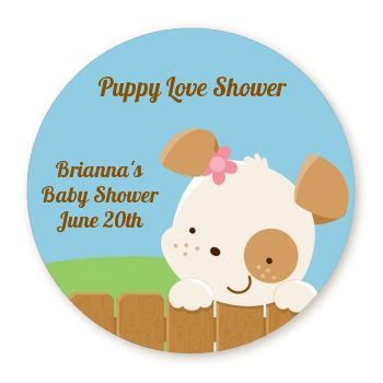  Puppy Dog Tails Girl - Round Personalized Baby Shower Sticker Labels 