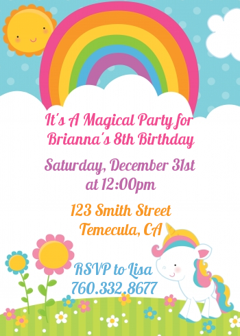Rainbow Unicorn - Birthday Party Invitations