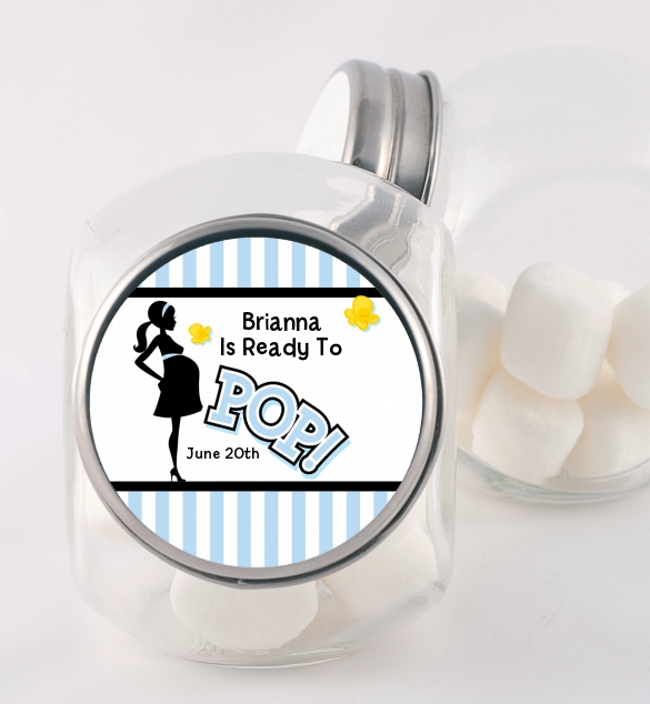 Ready To Pop Blue - Personalized Baby Shower Candy Jar Option 1