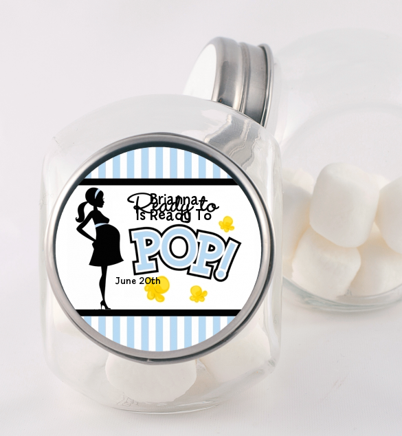  Ready To Pop Blue - Personalized Baby Shower Candy Jar Option 1