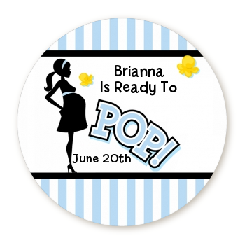 Ready To Pop Blue - Round Personalized Baby Shower Sticker Labels Option 1