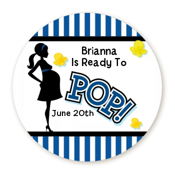  Ready To Pop Blue - Round Personalized Baby Shower Sticker Labels Option 1