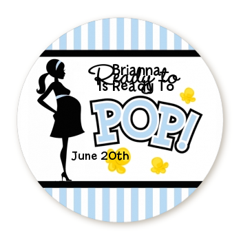  Ready To Pop Blue - Round Personalized Baby Shower Sticker Labels Option 1