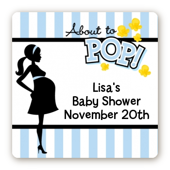  Ready To Pop Blue - Square Personalized Baby Shower Sticker Labels Option 1