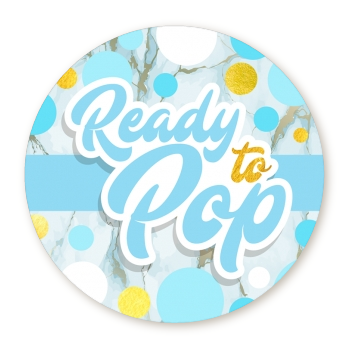  Ready To Pop Blue Gold - Round Personalized Baby Shower Sticker Labels 