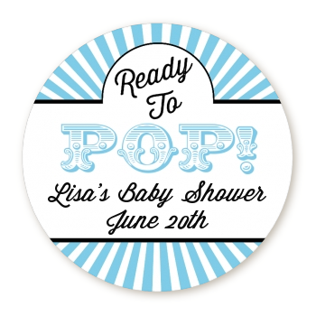  Ready To Pop Blue Stripes - Round Personalized Baby Shower Sticker Labels 