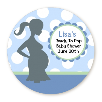  Ready To Pop Blue with white dots - Round Personalized Baby Shower Sticker Labels 