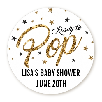  Ready To Pop Gold Glitter - Round Personalized Baby Shower Sticker Labels Option 1