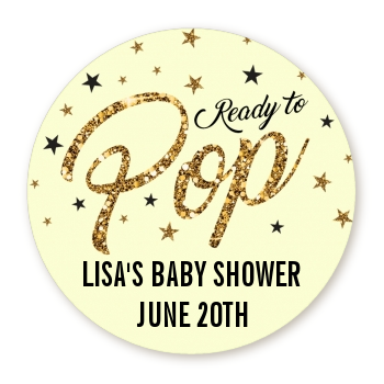  Ready To Pop Gold Glitter - Round Personalized Baby Shower Sticker Labels Option 1