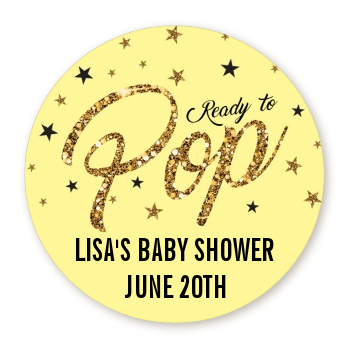  Ready To Pop Gold Glitter - Round Personalized Baby Shower Sticker Labels Option 1