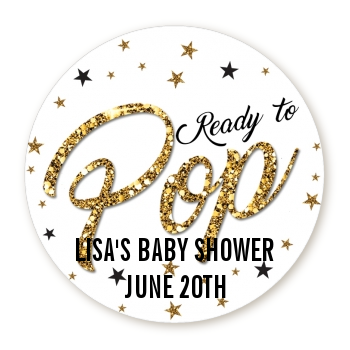  Ready To Pop Gold Glitter - Round Personalized Baby Shower Sticker Labels Option 1