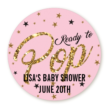  Ready To Pop Gold Glitter - Round Personalized Baby Shower Sticker Labels Option 1