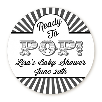  Ready To Pop Gray Stripes - Round Personalized Baby Shower Sticker Labels 