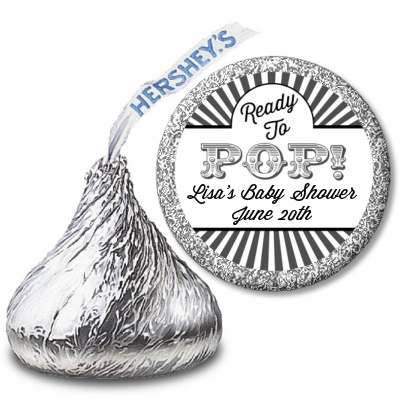 Ready To Pop Gray Stripes - Hershey Kiss Baby Shower Sticker Labels