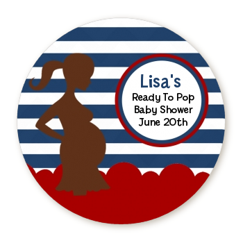  Ready To Pop Navy Blue Stripes and Red - Round Personalized Baby Shower Sticker Labels 