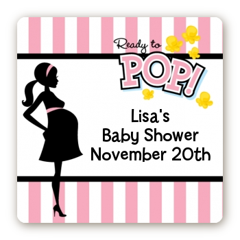  Ready To Pop Pink - Square Personalized Baby Shower Sticker Labels Option 1