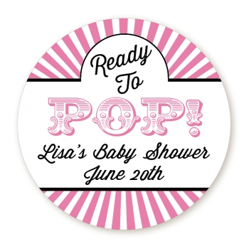 Ready To Pop Pink Stripes - Round Personalized Baby Shower Sticker Labels 
