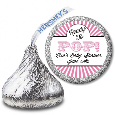  Ready To Pop Pink Stripes - Hershey Kiss Baby Shower Sticker Labels Option 1