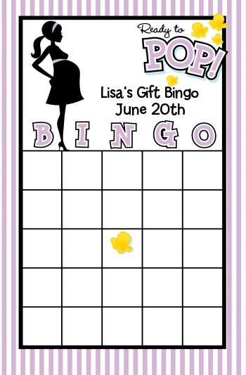 Ready To Pop Purple - Baby Shower Gift Bingo Game Card