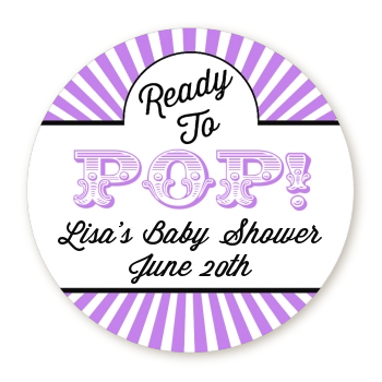  Ready To Pop Purple Stripes - Round Personalized Baby Shower Sticker Labels 