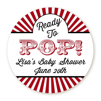  Ready To Pop Red - Round Personalized Baby Shower Sticker Labels Option 1