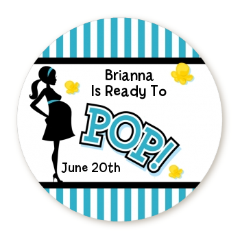  Ready To Pop Teal - Round Personalized Baby Shower Sticker Labels Option 1