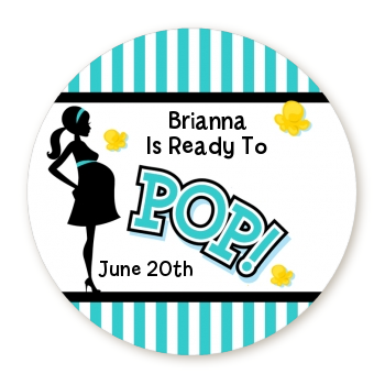  Ready To Pop Teal - Round Personalized Baby Shower Sticker Labels Option 1