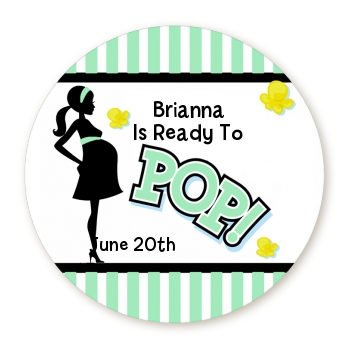  Ready To Pop Teal - Round Personalized Baby Shower Sticker Labels Option 1