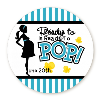  Ready To Pop Teal - Round Personalized Baby Shower Sticker Labels Option 1