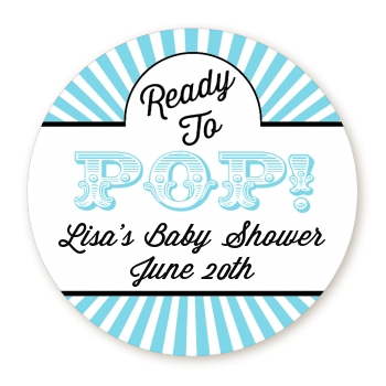  Ready To Pop Teal Stripes - Round Personalized Baby Shower Sticker Labels 