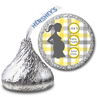 Ready To Pop Yellow and Gray Plaid - Hershey Kiss Baby Shower Sticker Labels
