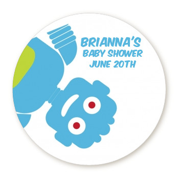  Robots - Round Personalized Baby Shower Sticker Labels Blue