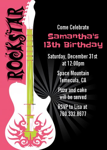 Rock Star Guitar Pink - Birthday Party Invitations