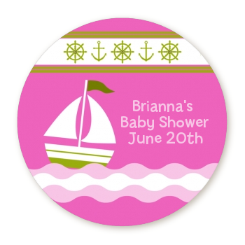  Sailboat Pink - Round Personalized Baby Shower Sticker Labels 
