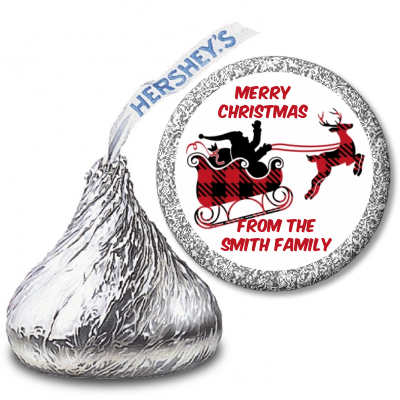 Santa Sleigh Red Plaid - Hershey Kiss Christmas Sticker Labels