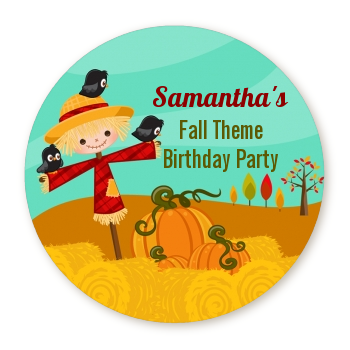  Scarecrow - Round Personalized Birthday Party Sticker Labels Option 1 - Brown Hair