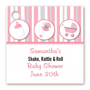 Shake, Rattle & Roll Pink - Personalized Baby Shower Card Stock Favor Tags