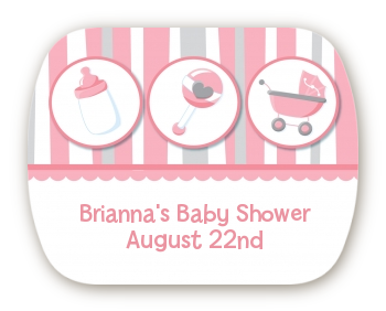 Shake, Rattle & Roll Pink - Personalized Baby Shower Rounded Corner Stickers