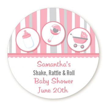  Shake, Rattle & Roll Pink - Round Personalized Baby Shower Sticker Labels 