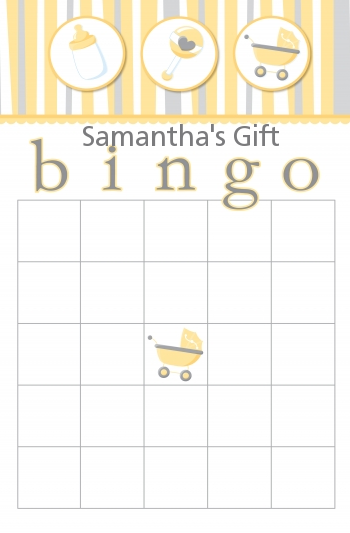 Shake, Rattle & Roll Yellow - Baby Shower Gift Bingo Game Card