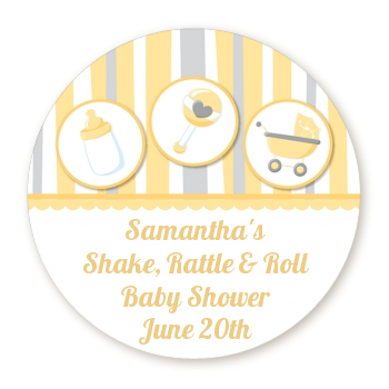  Shake, Rattle & Roll Yellow - Round Personalized Baby Shower Sticker Labels 